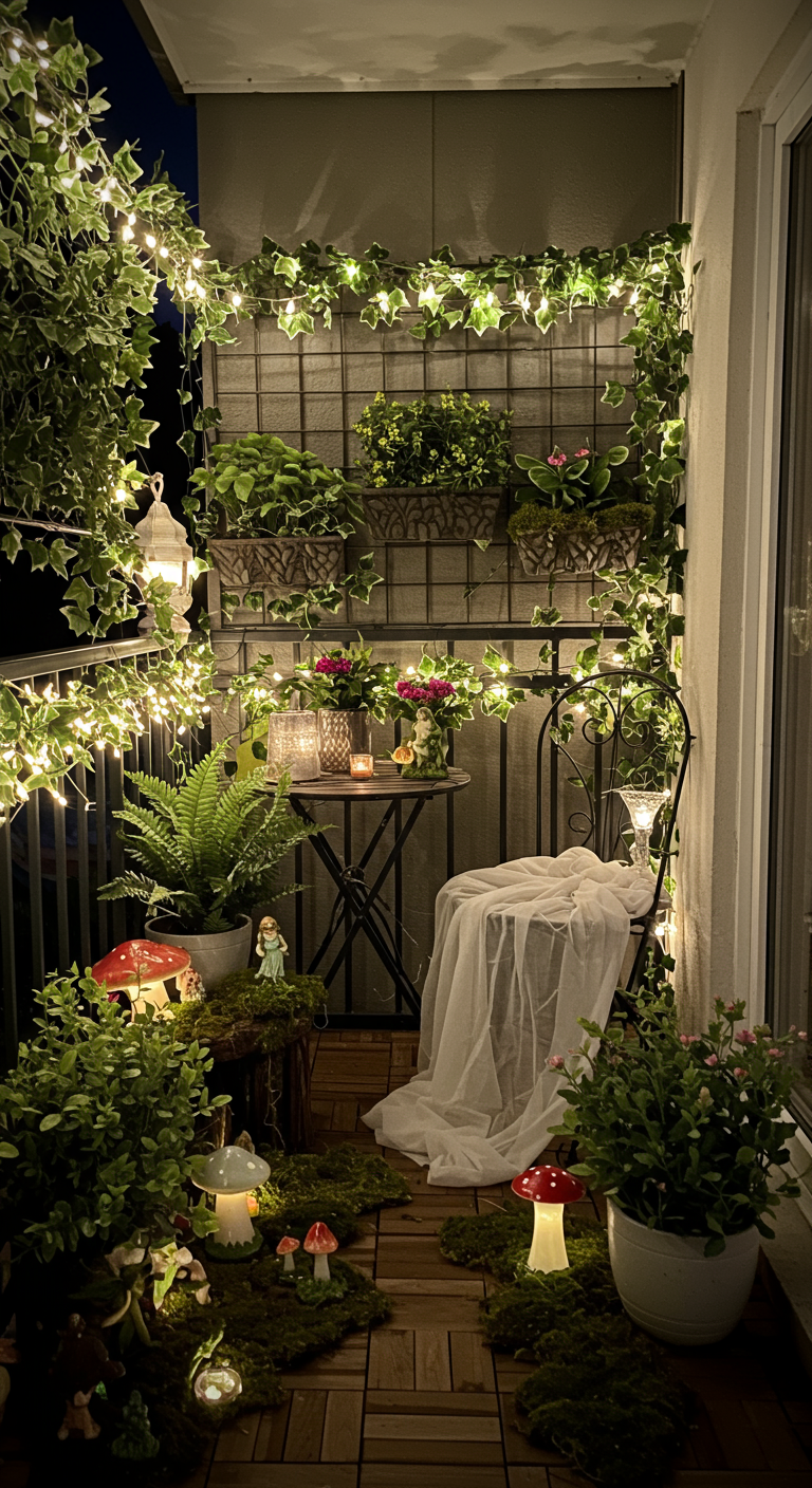 Kleiner Balkon verwandelt in einen Feengarten mit viel Efeu, Lichterketten und Pilz-Lampen.