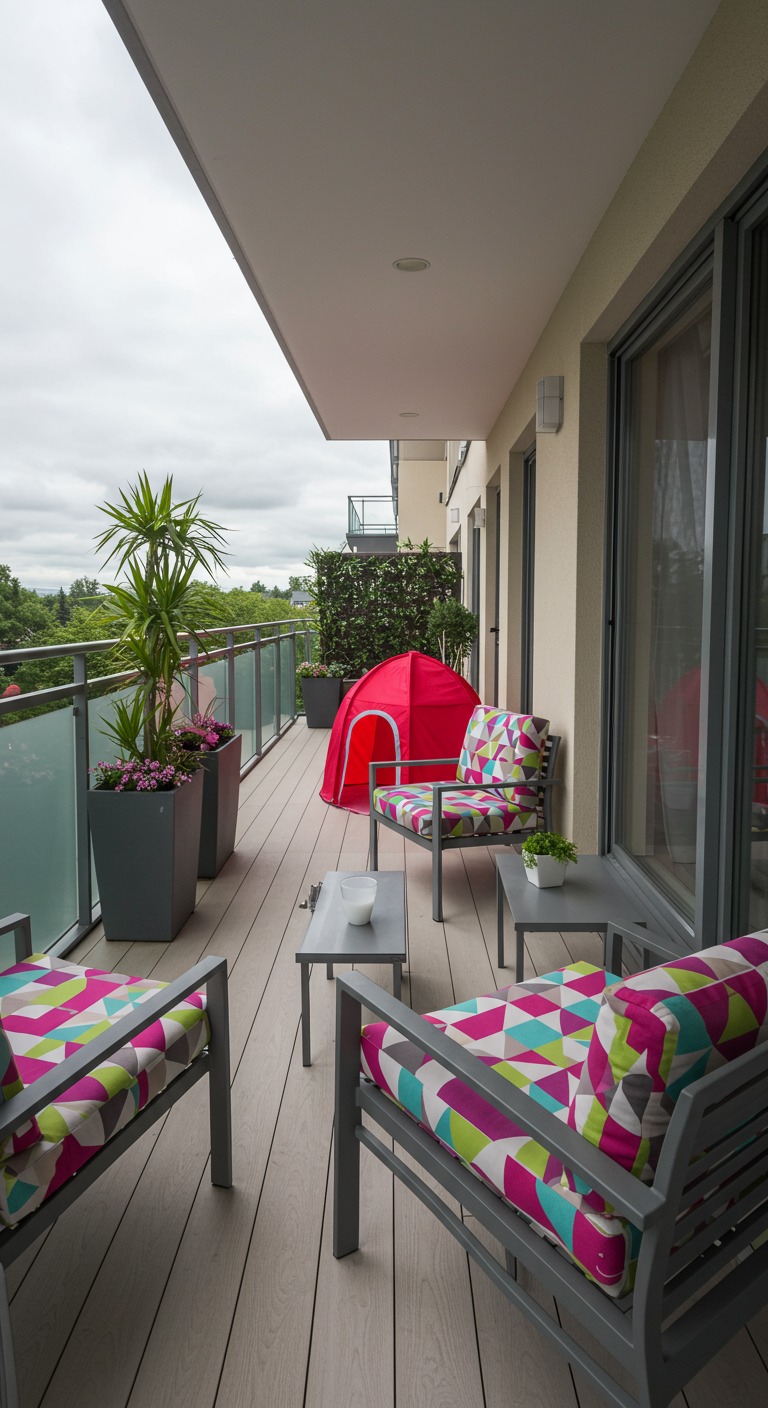 Moderner Balkon mit grauen Möbeln, bunten Kissen und einem roten Spielzelt.