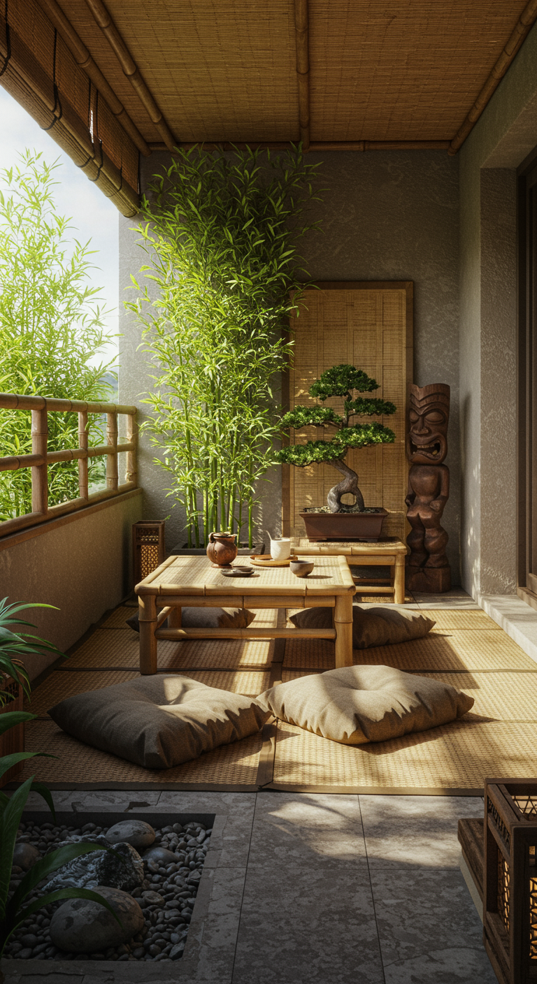 Ruhiger Balkon mit Bambuselementen, Sitzkissen und Bonsai-Baum.
