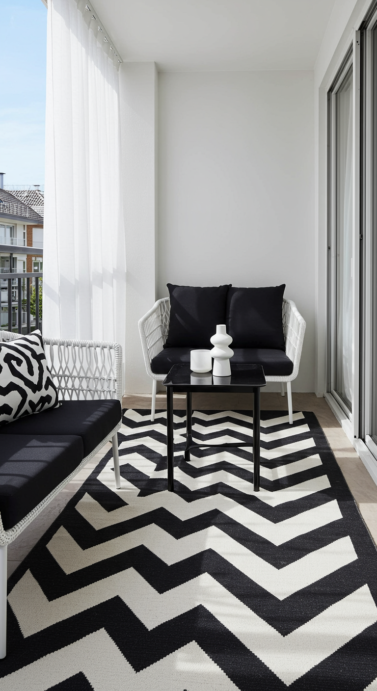 Balkon mit schwarz-weißem Zickzack-Teppich, weißen Korbmöbeln und schwarzen Polstern.