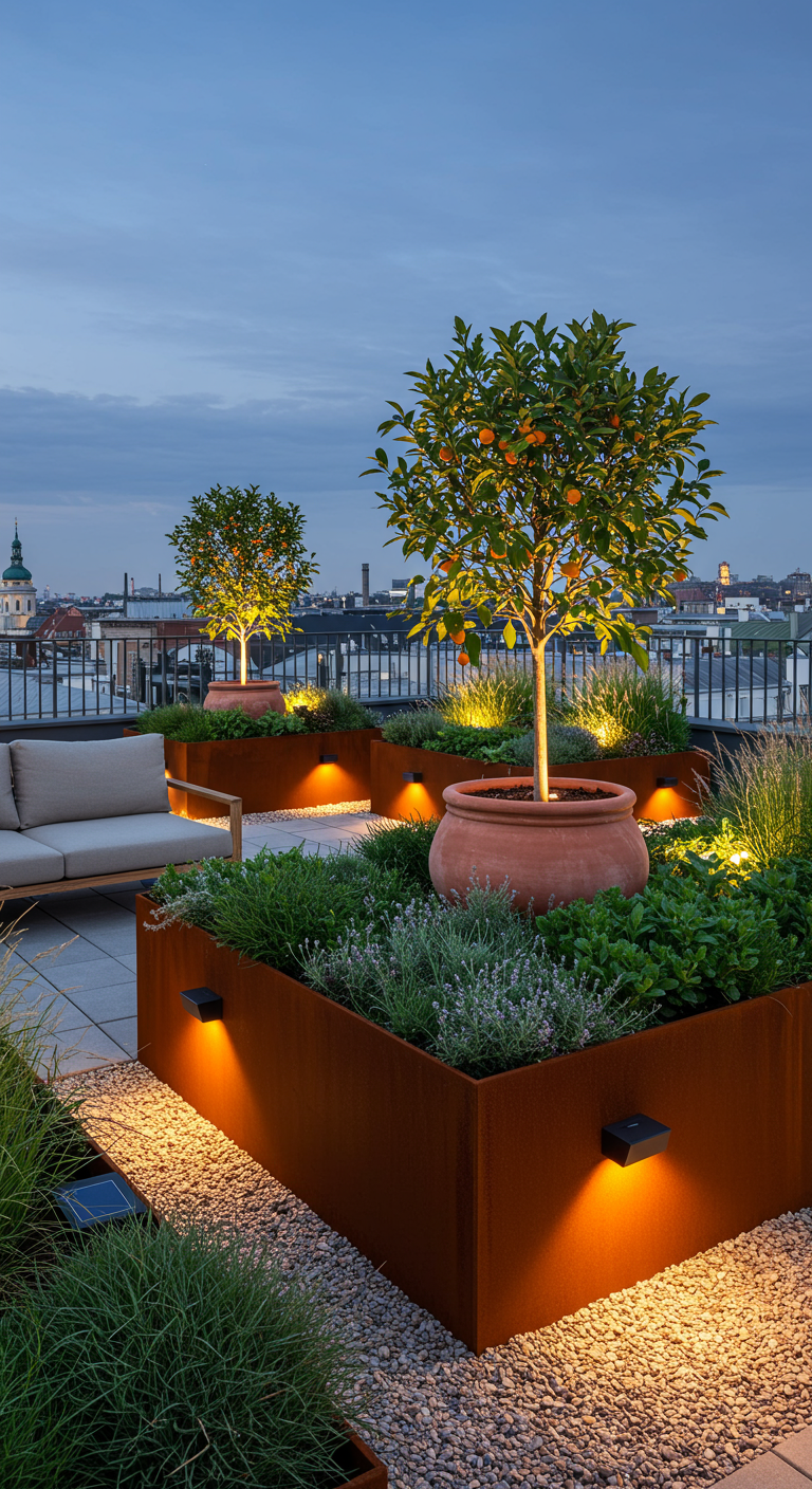 Dachterrasse mit Cortenstahl-Hochbeeten, Zitrusbäumen und integrierter Beleuchtung.