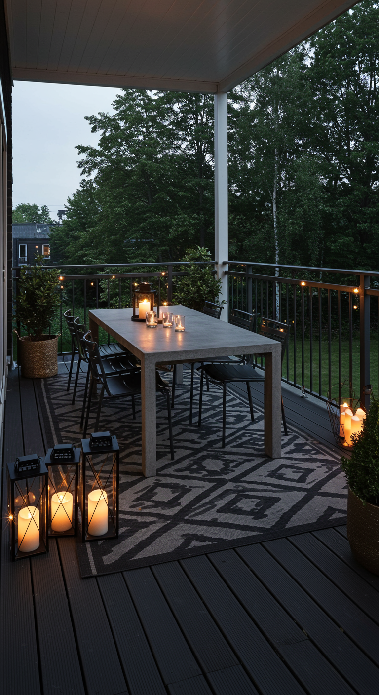 Überdachter Balkon mit großem Esstisch, Teppich, Lichterkette und vielen Kerzen.