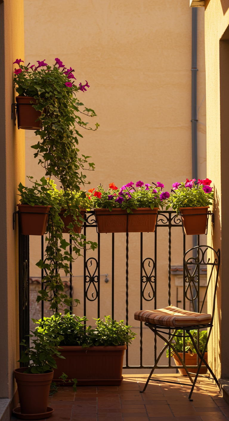 Balkon mit Terrakotta-Blumenkästen am Geländer und einem Stuhl.