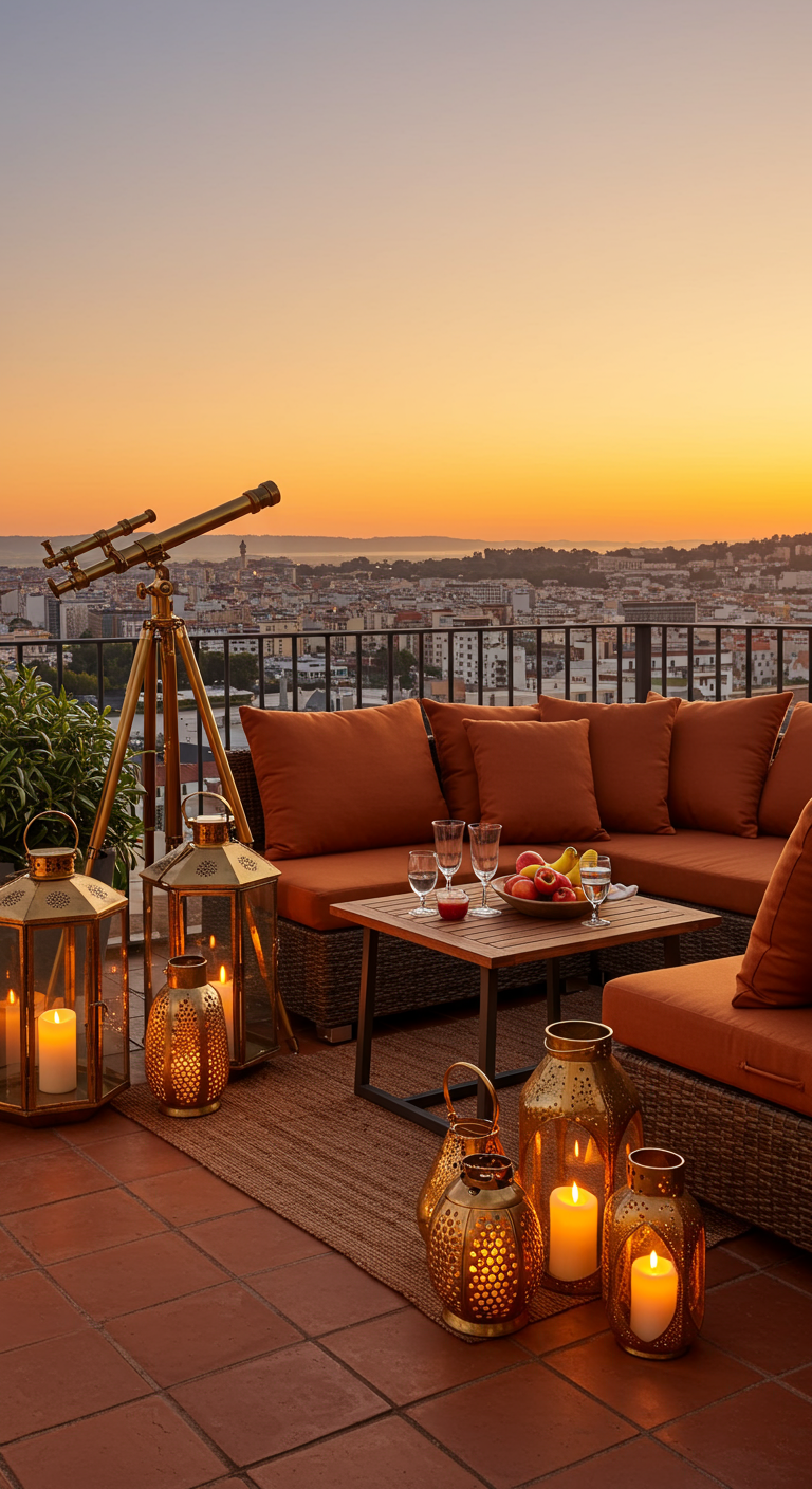 Dachterrasse bei Sonnenuntergang mit Lounge-Möbeln, vielen goldenen Laternen und goldenem Teleskop.