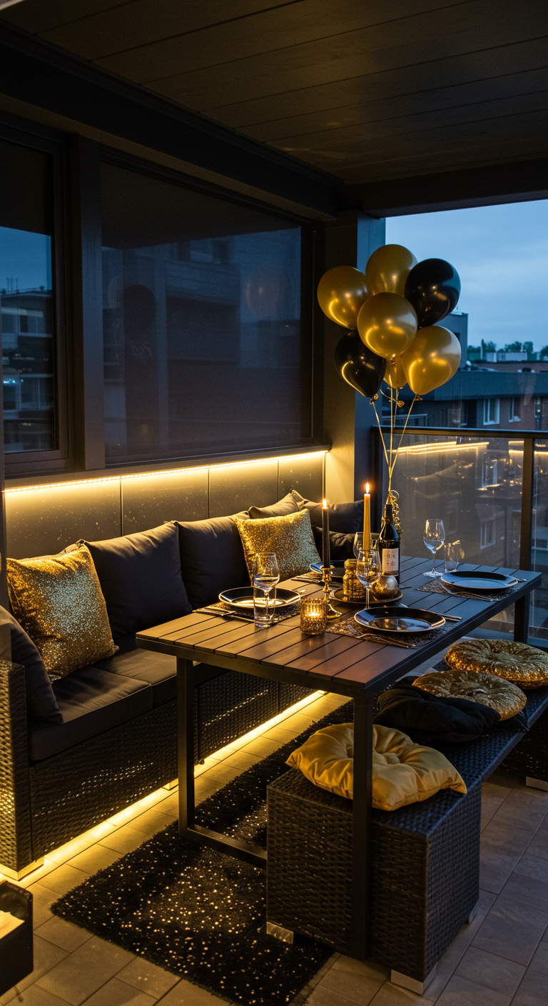 Moderner Balkon mit schwarzer Lounge, Gold- schwarzen Ballons und LED-Beleuchtung.