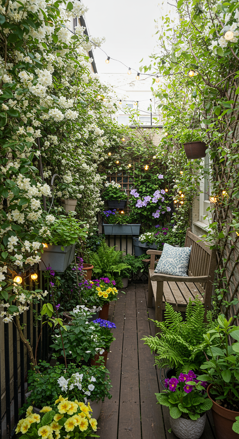 Schmaler Balkon als grüner Tunnel mit Kletterpflanzen und Lichterketten.