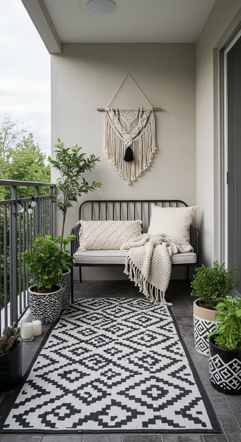 Moderner Boho-Balkon mit schwarz-weißem Teppich, Metallbank und Makramee-Details.