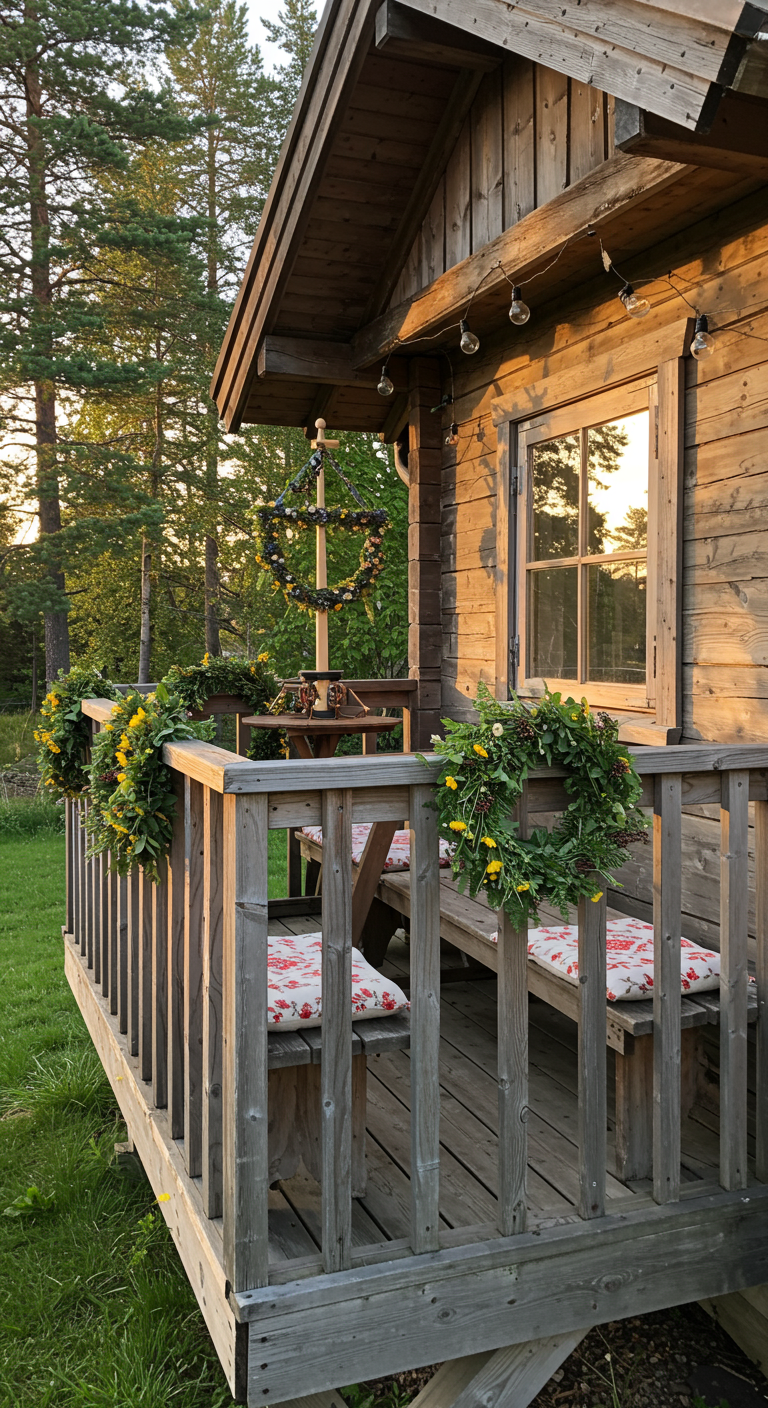 Holzveranda einer Hütte mit Midsommar-Kränzen am Geländer und hängend, Lichterketten.