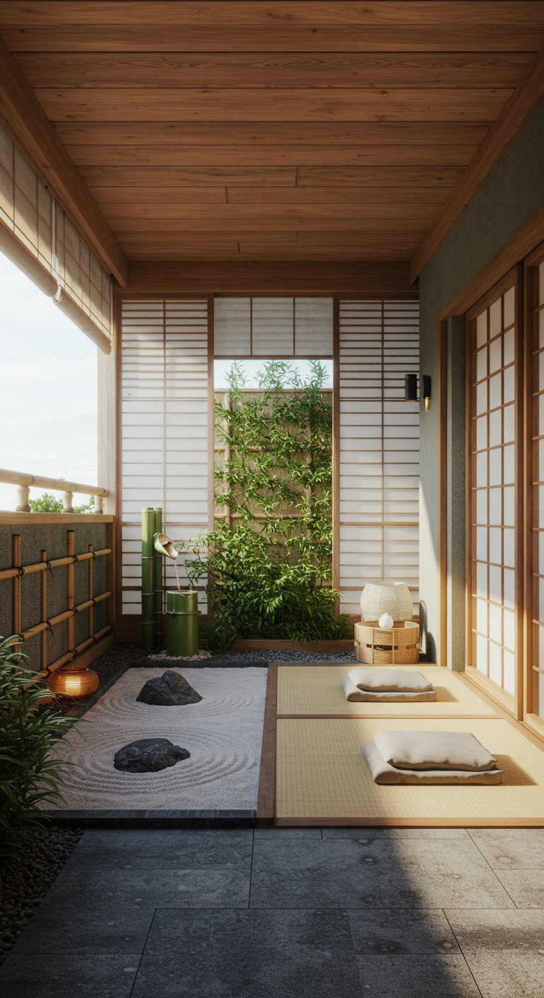Japanischer Balkon mit Mini-Zen-Garten, Shoji-Wand und Tatami-Matten.