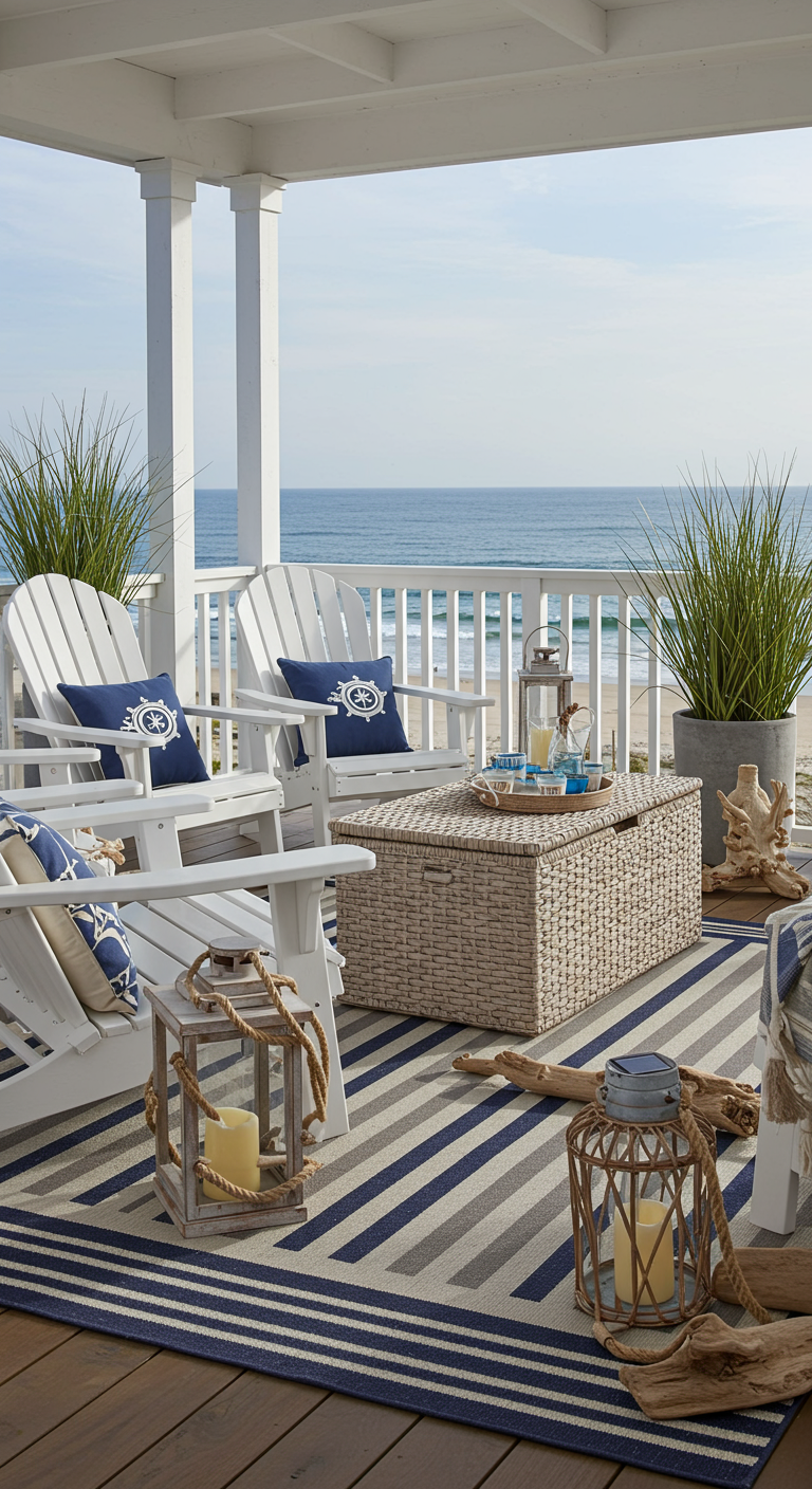 Maritimer Balkon mit weißen Holzstühlen und einer Rattantruhe als Couchtisch und Stauraum.