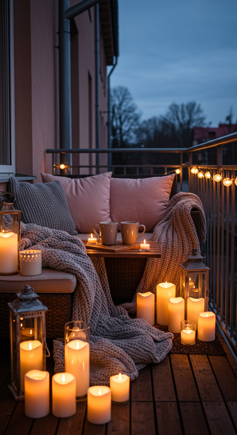 Balkon bei Nacht mit vielen brennenden Kerzen, gemütlichem Sofa und Strickdecken.
