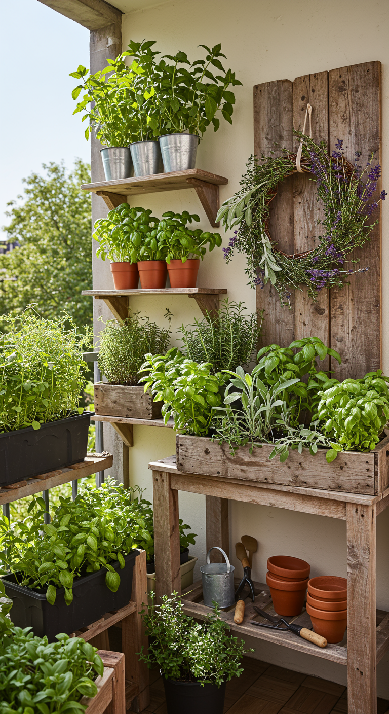 Balkon mit vielen Kräutern in Töpfen und Kästen, Kräuterkranz an Holzwand.
