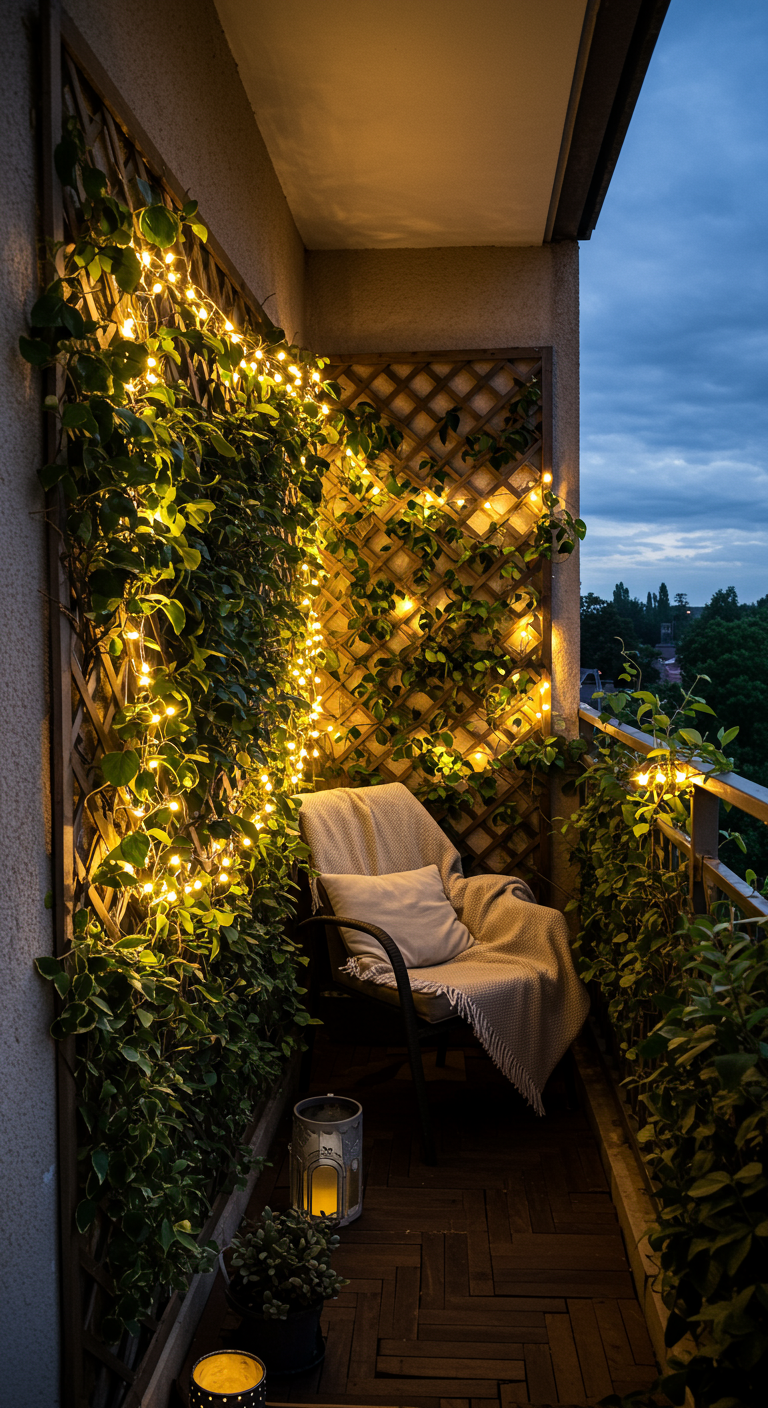 Mit Efeu berankter Balkon, illuminiert von vielen kleinen Lichtern an einem Rankgitter.