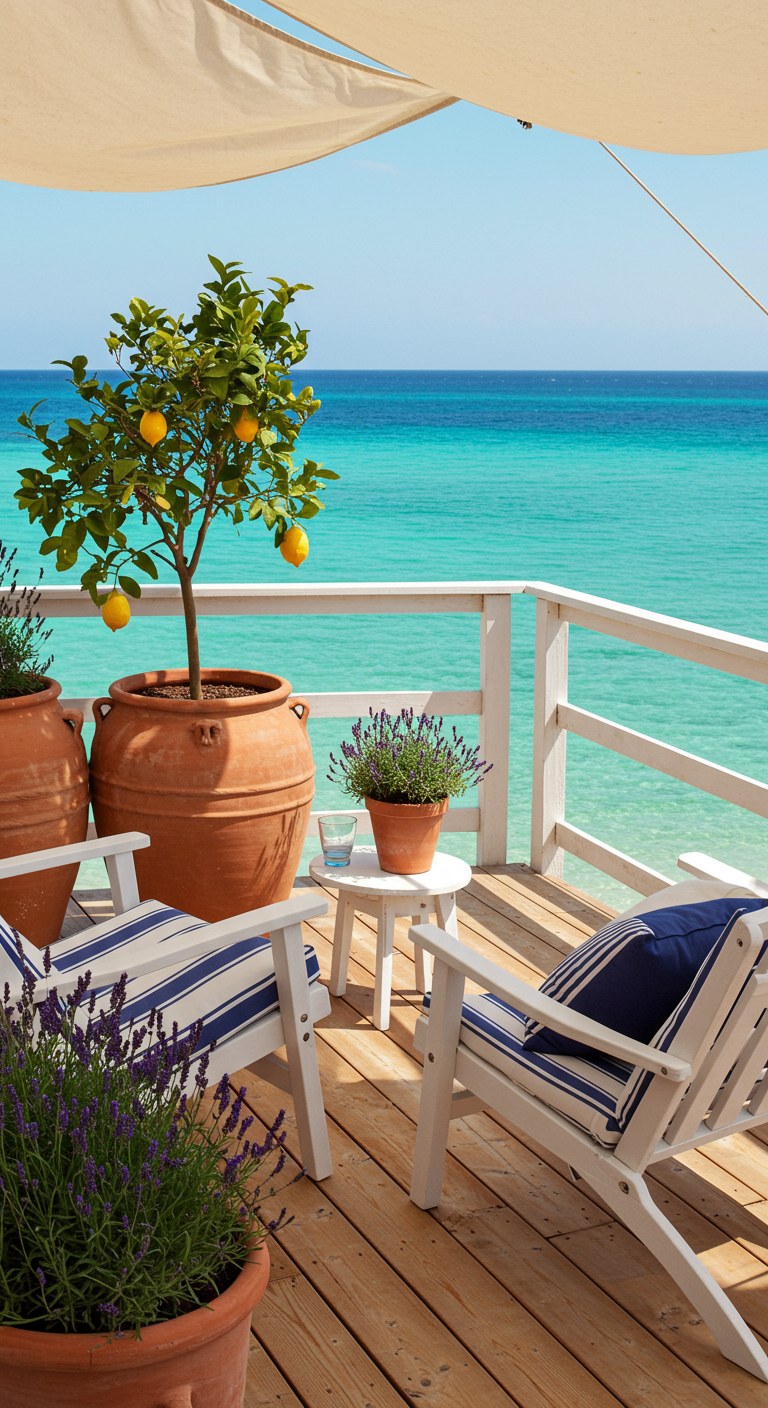 Balkon am Meer mit weißen Holzmöbeln, Sonnensegel und Terrakottapflanzen.