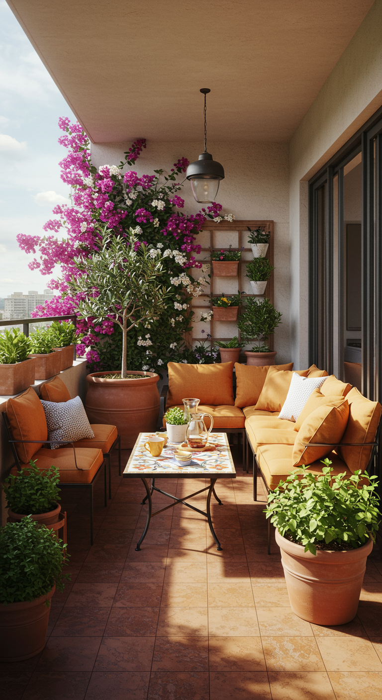 Mediterraner Balkon mit Terrakotta-Fliesen, orangefarbenen Kissen und blühender Bougainvillea.