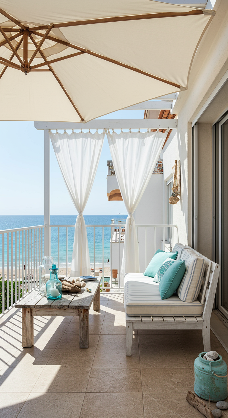 Balkon mit Meerblick, großem Sonnenschirm, weißen Vorhängen und hellen Holzmöbeln.