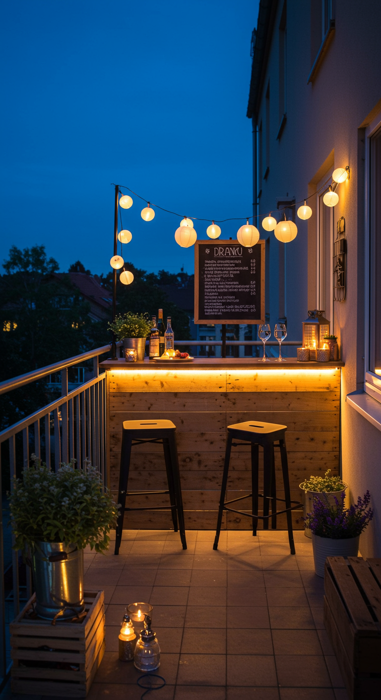 Kleine Balkon-Bar am Geländer mit Barhockern, Lampions und LED-Lichtleiste bei Nacht.