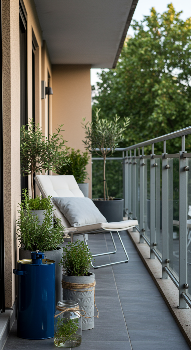 Moderner, schmaler Balkon mit Kräutern in Metall- und Glastöpfen, weißer Liegestuhl.