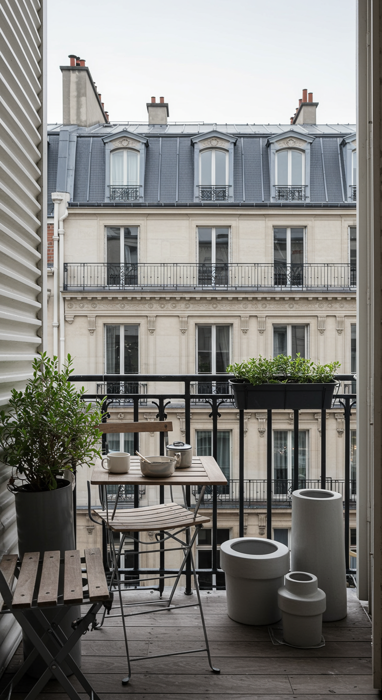 Moderner Balkon mit schlichtem Bistro-Set und grauen Pflanzkübeln.