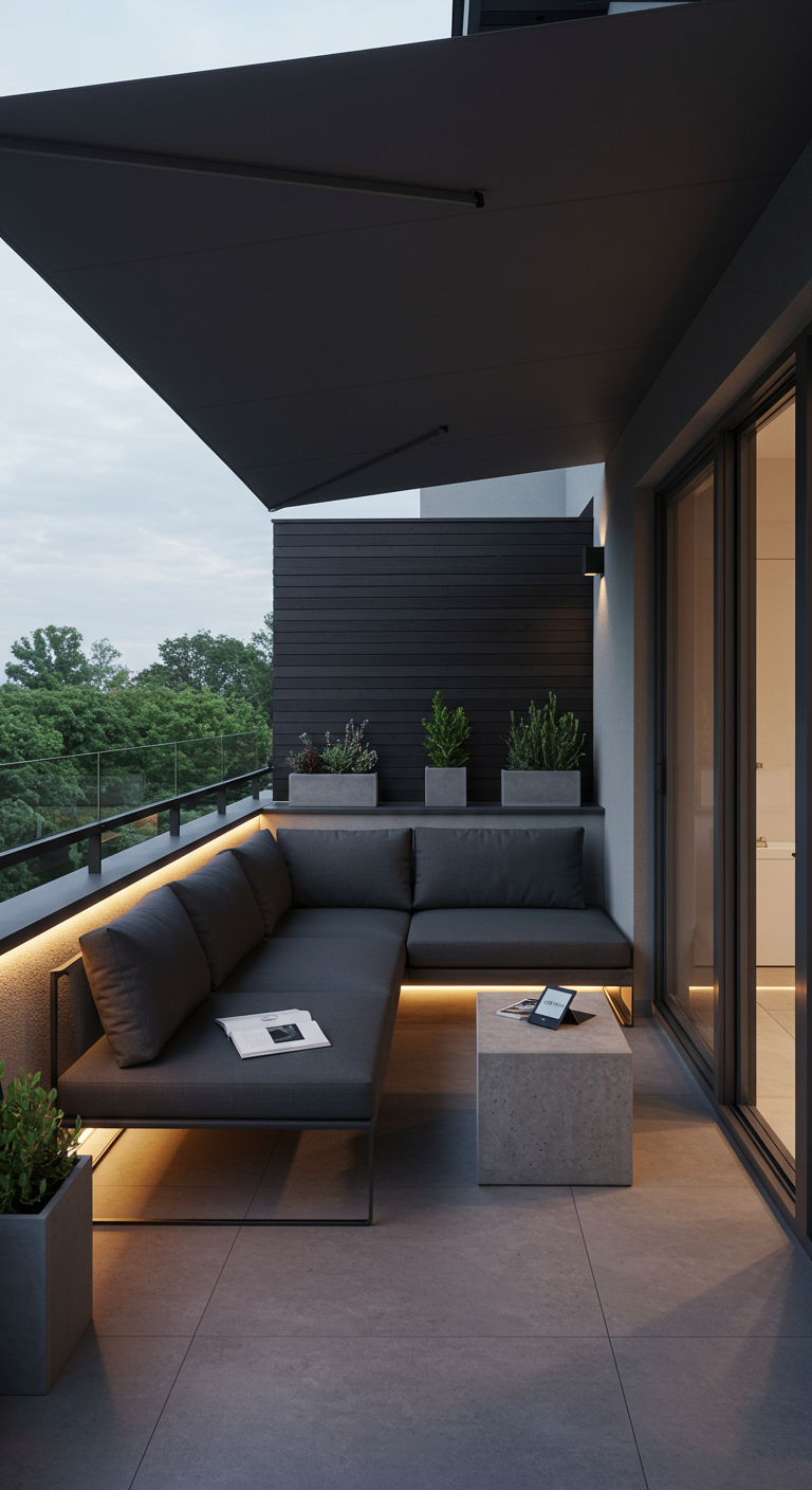 Moderner Balkon bei Dämmerung mit dunkler Ecklounge, Beton-Tisch und indirekter Beleuchtung.