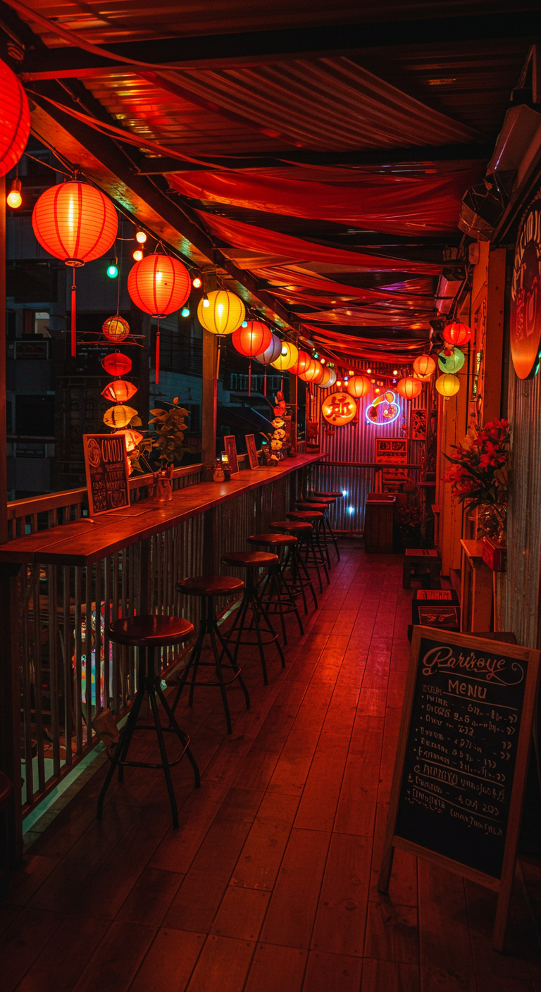 Schmaler Balkon im Stil eines asiatischen Nachtmarkts mit roten Lampions und Barhockern.