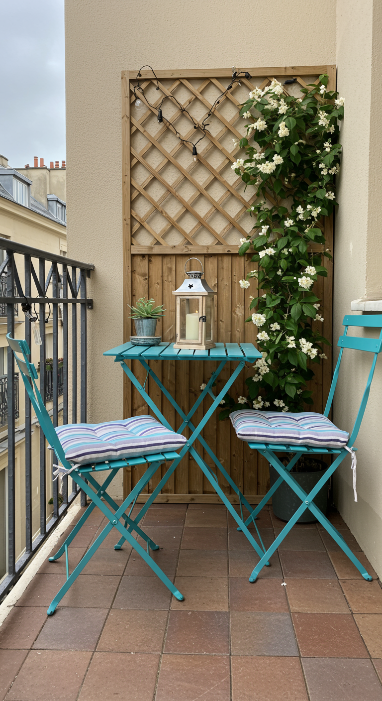 Türkisfarbene Klappstühle und Tisch auf einem Balkon neben einem Rankgitter mit weißen Blumen.