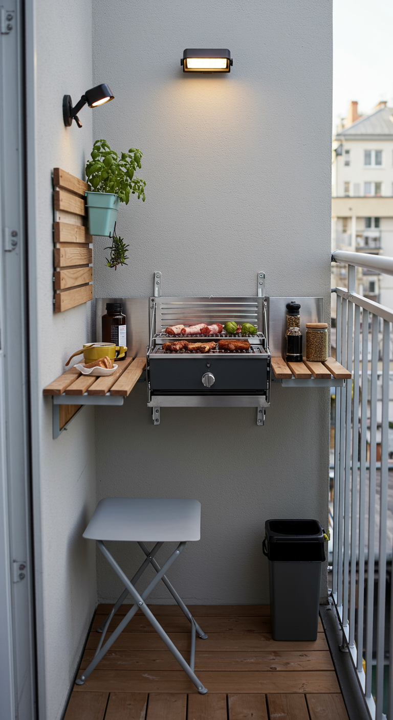 Schmaler Balkon mit platzsparendem Wandklappgrill und kleinen Ablagen.