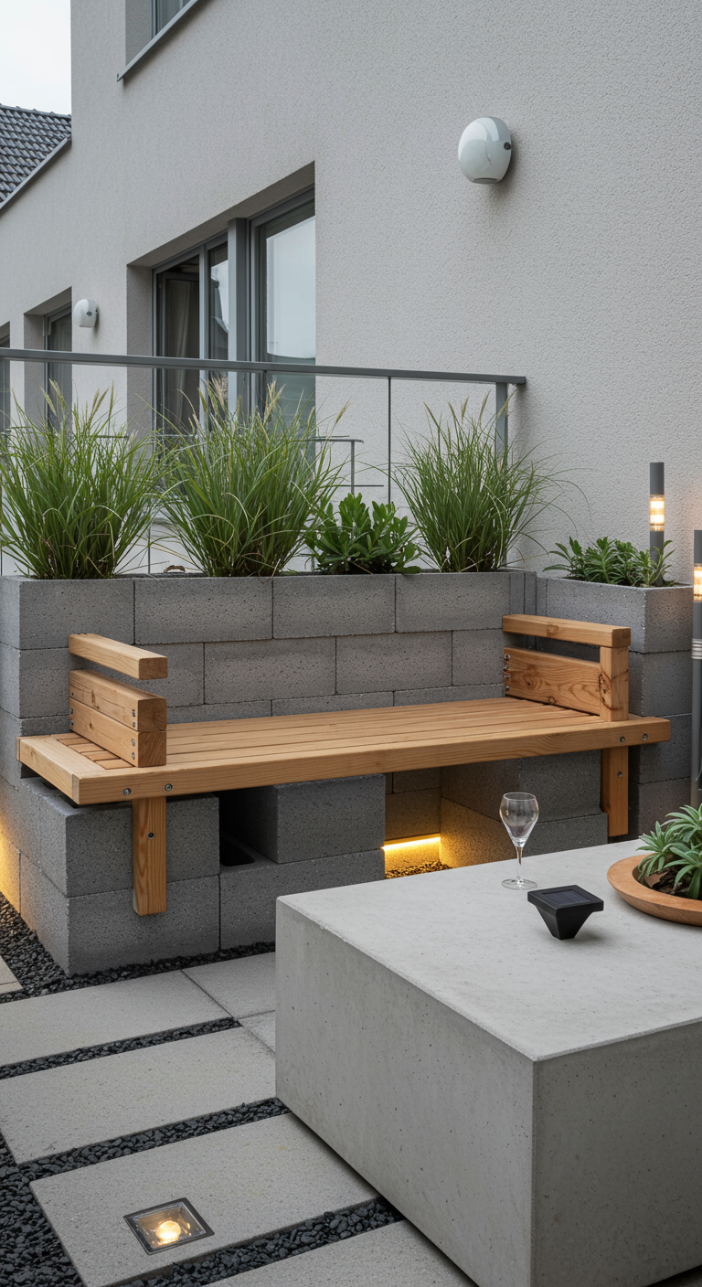 Moderne Sitzbank aus Betonsteinen und Holzlatten mit integrierter Bodenbeleuchtung.