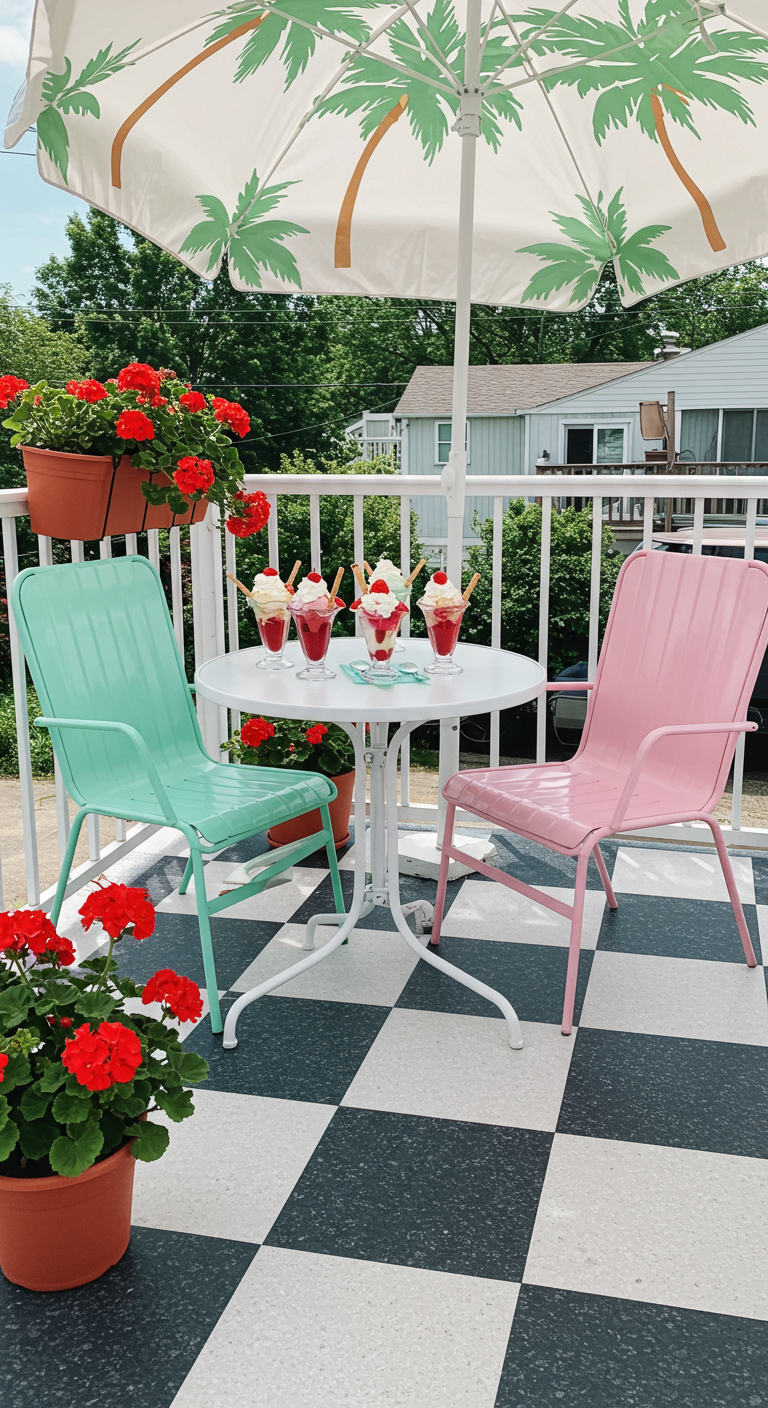 Balkon im Retro-Stil mit pastellfarbenen Metallstühlen und Palmen-Sonnenschirm.