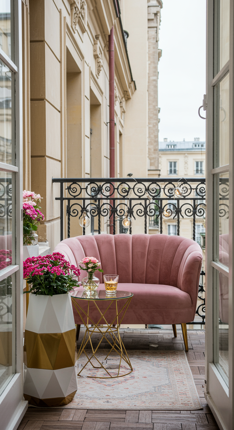 Eleganter Balkon mit rosa Samtsofa und goldenem Beistelltisch.
