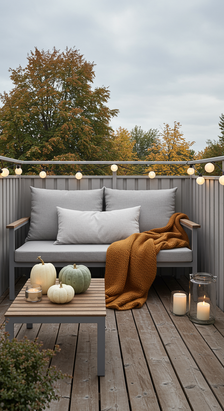 Graues Balkonsofa mit senfgelber Decke, Kürbissen und Kerzen auf Holzdielen.