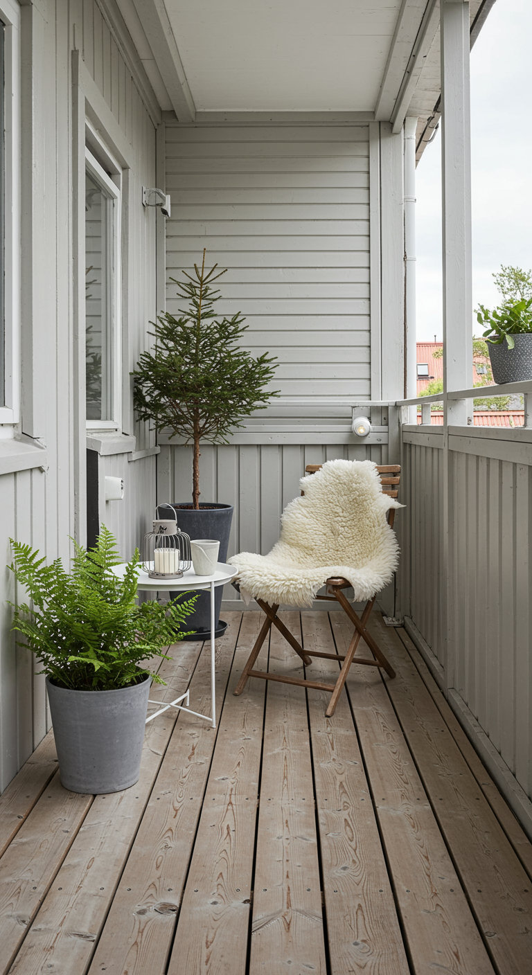 Schmaler Balkon im skandinavischen Stil mit Holzdielen, hellem Holzstuhl mit Lammfell und Pflanzen.