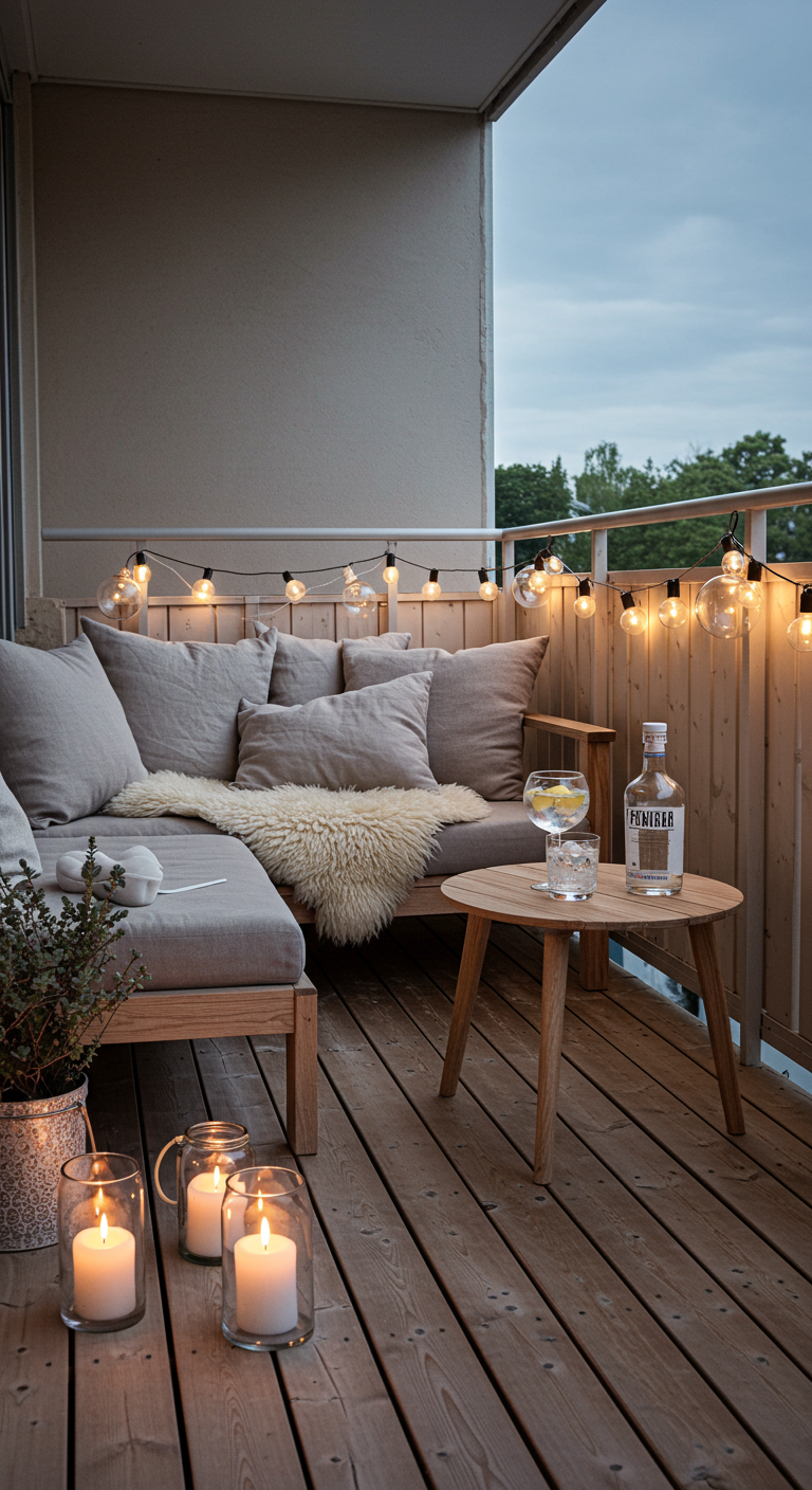 Skandinavischer Balkon mit hellen Holzmöbeln, Lichterkette und Kerzen.