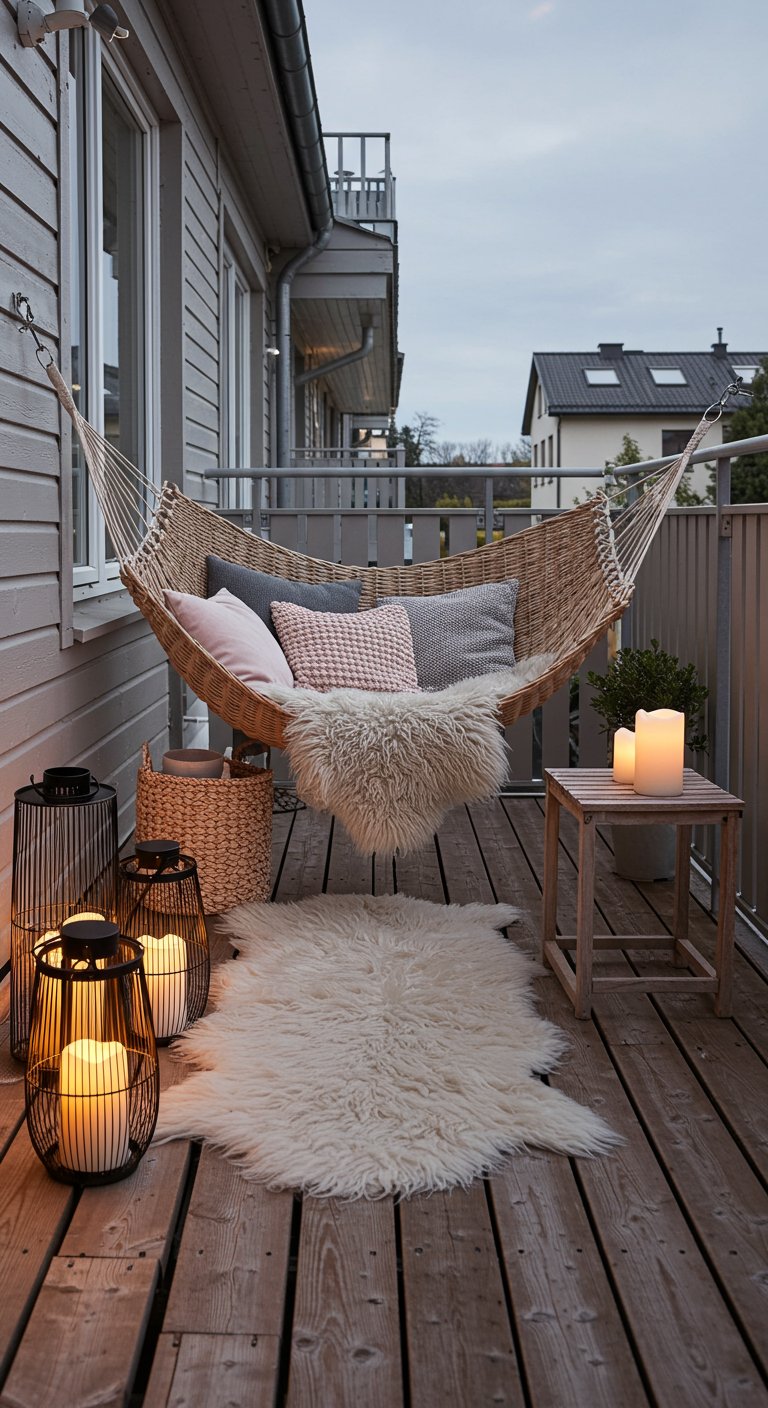 Skandinavischer Balkon mit heller Hängematte, Fell, Kissen und Laternen.