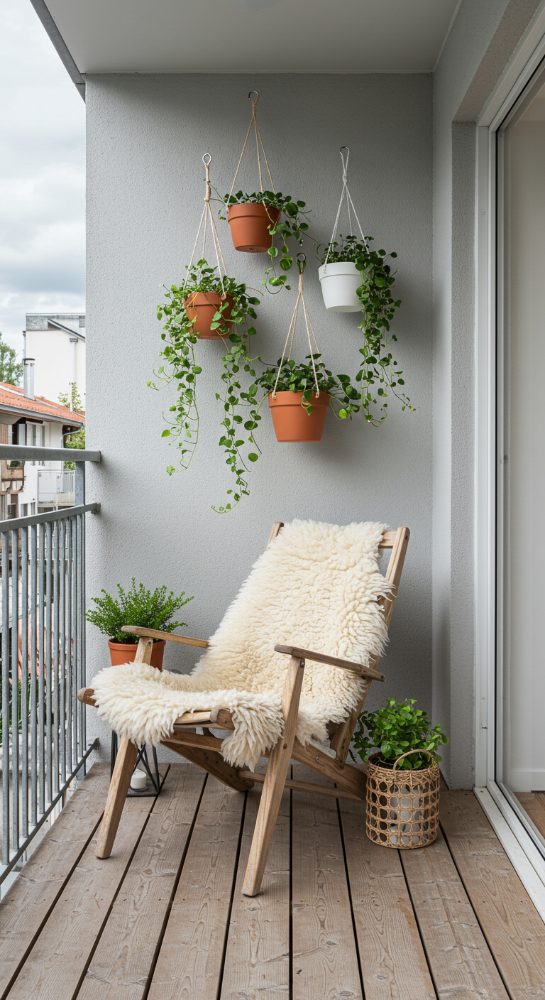 Balkon im skandinavischen Stil mit einfachen Hängepflanzen und Schaffell.
