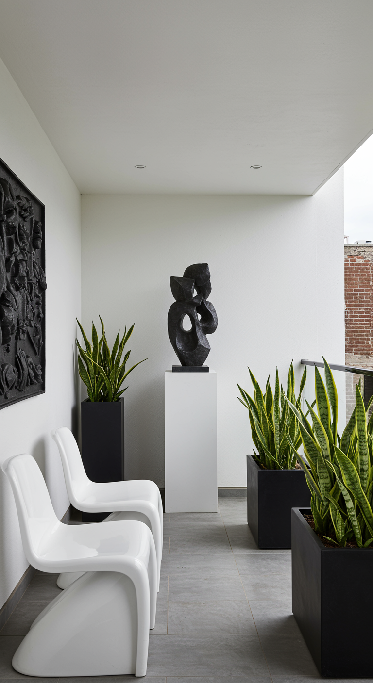 Moderner Balkon mit weißen Designerstühlen, schwarzen Pflanzkübeln mit Bogenhanf und Skulptur.