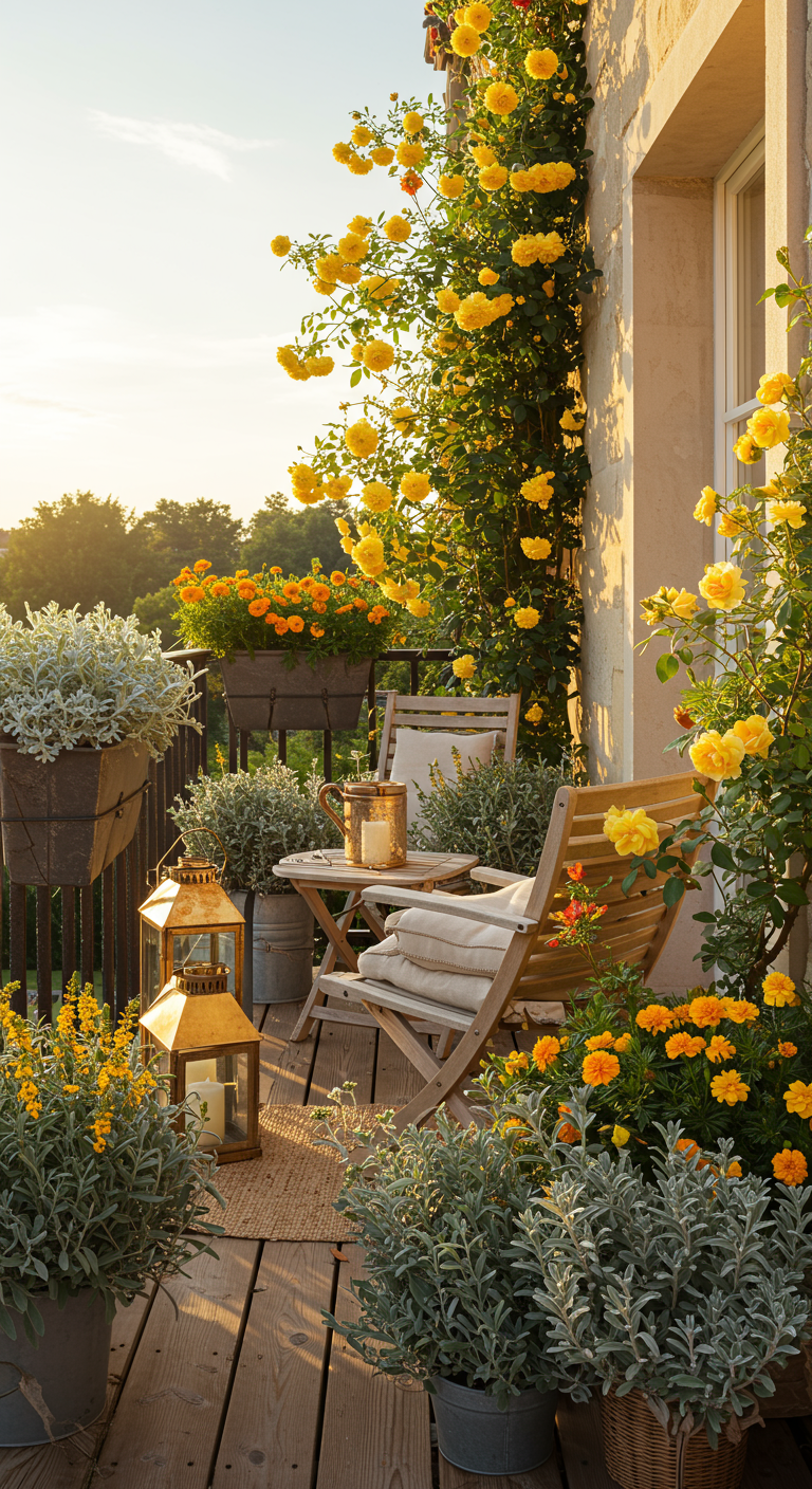 Sonniger Balkon mit gelben Rosen, Tagetes und Holzmöbeln.