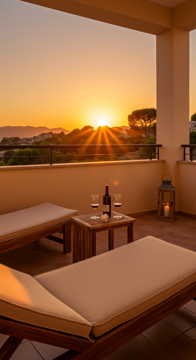 Zwei Holzliegen mit Tisch und Laterne auf Balkon mit Blick auf Sonnenuntergang.