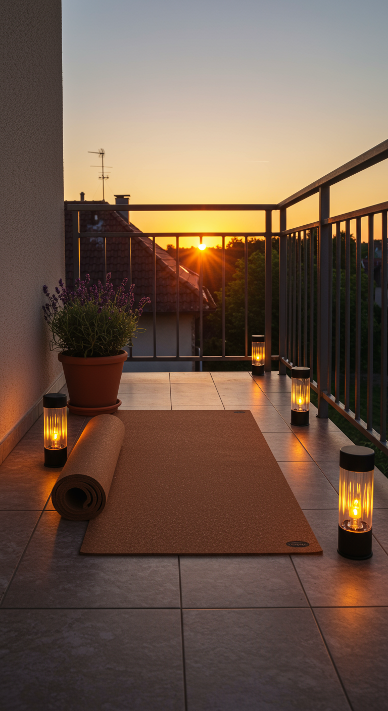 Balkon bei Sonnenuntergang mit Yogamatte, Lavendel im Topf und kleinen Laternen.