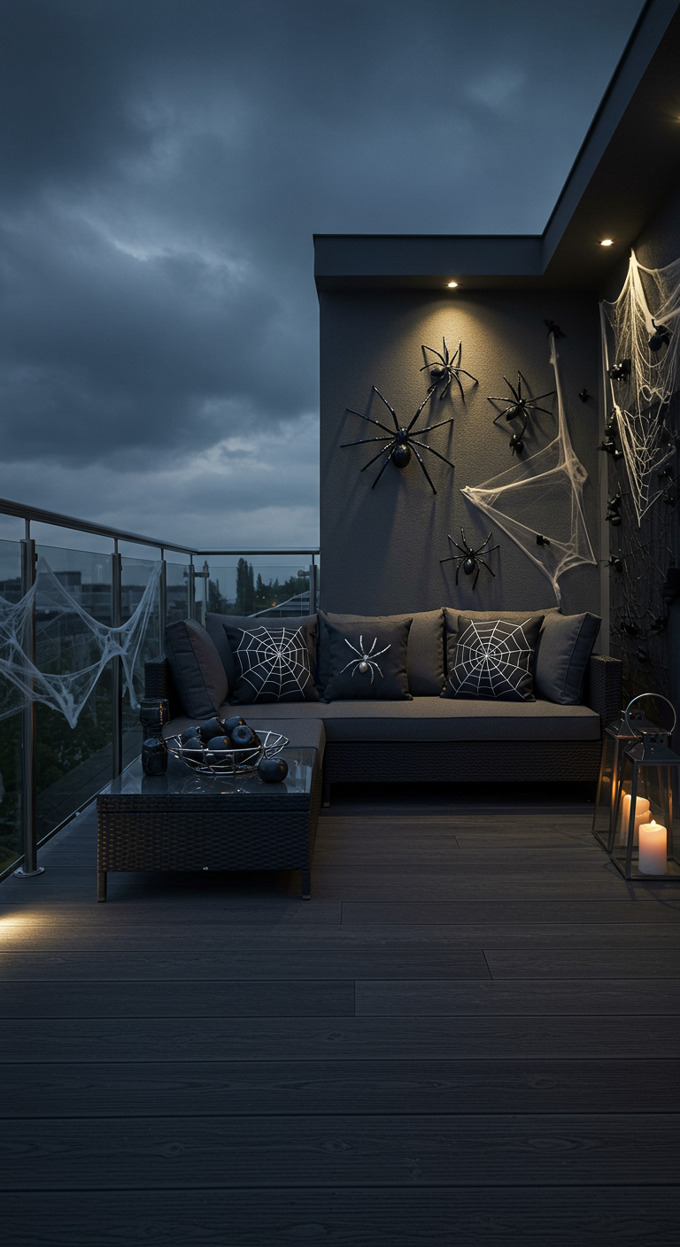 Moderner Balkon mit großen schwarzen Spinnen an der Wand und Spinnweben.