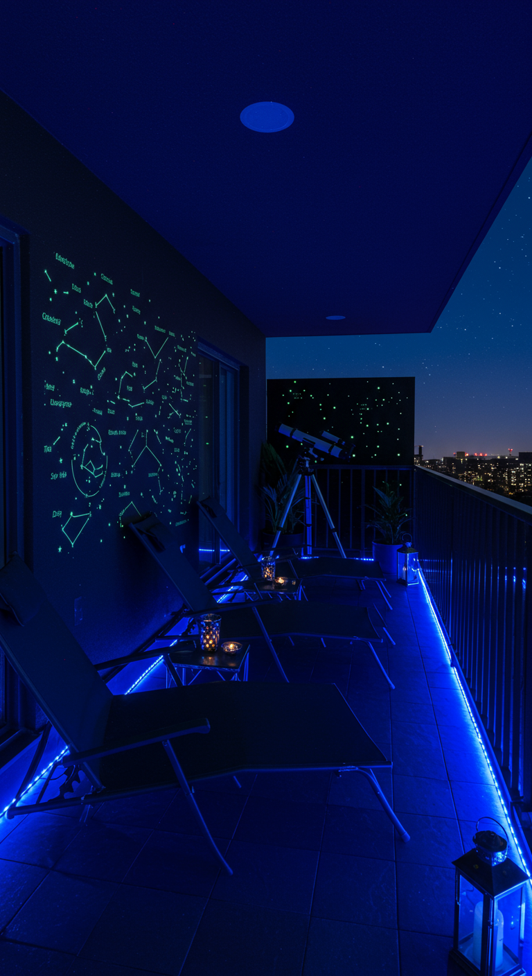 Moderner Balkon bei Nacht mit blauer LED-Beleuchtung, Liegestühlen und Sternenprojektion.