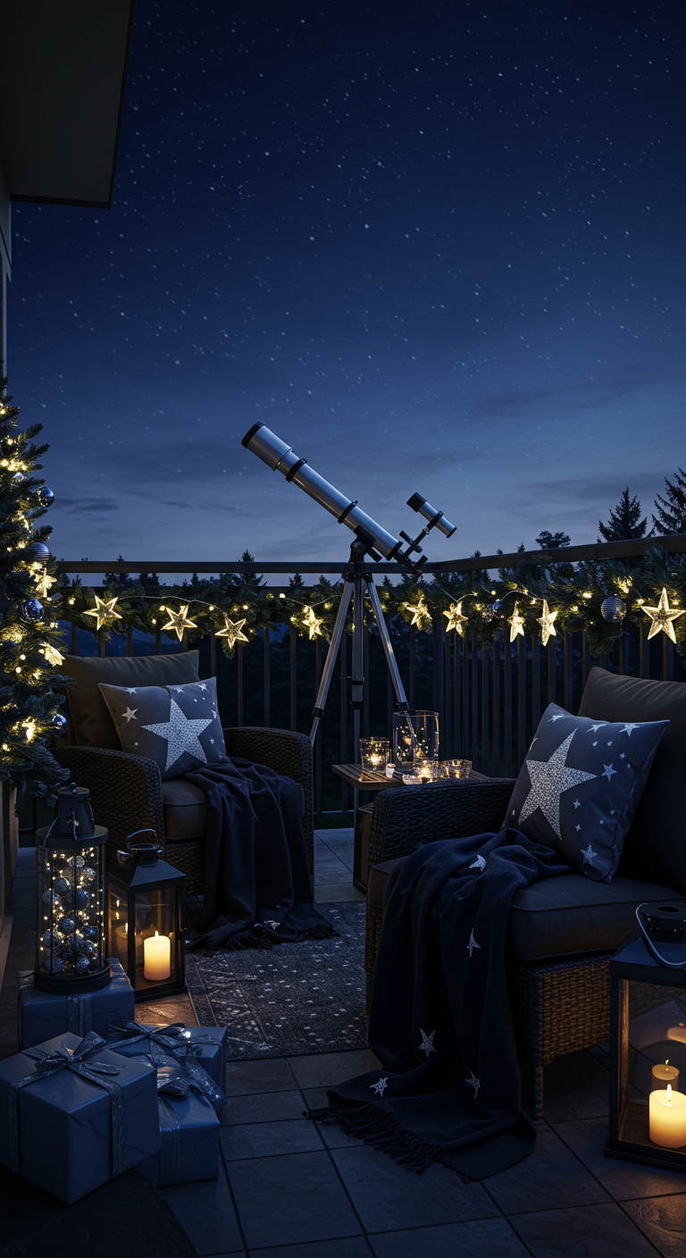 Balkon mit Sternenlichtern, Teleskop und Kissen mit Sternenmotiv bei Nacht.