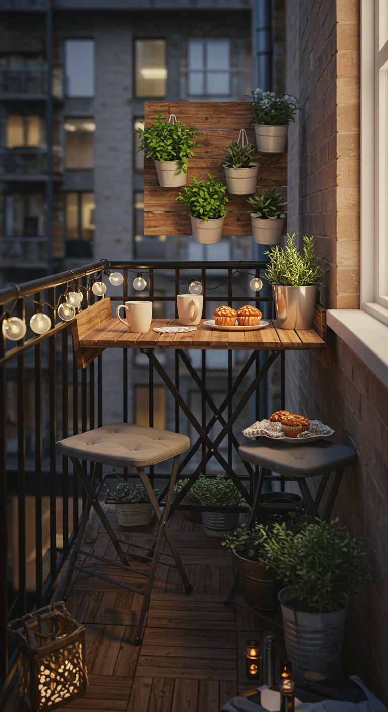 Kompaktes Frühstücks-Setup auf einem schmalen Stadtbalkon mit vertikalem Pflanzregal.