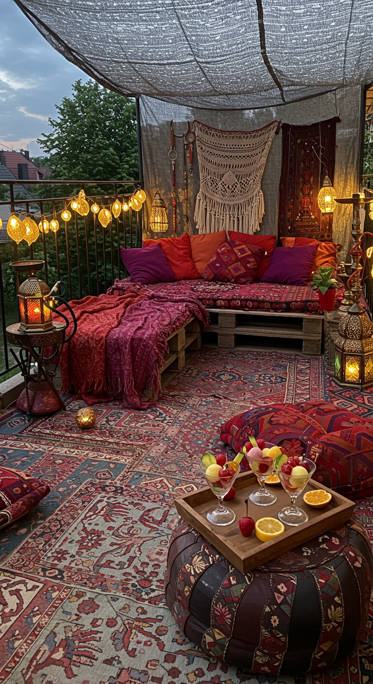 Orientalisch dekorierter Balkon mit Palettensofa, vielen Teppichen und Laternen.