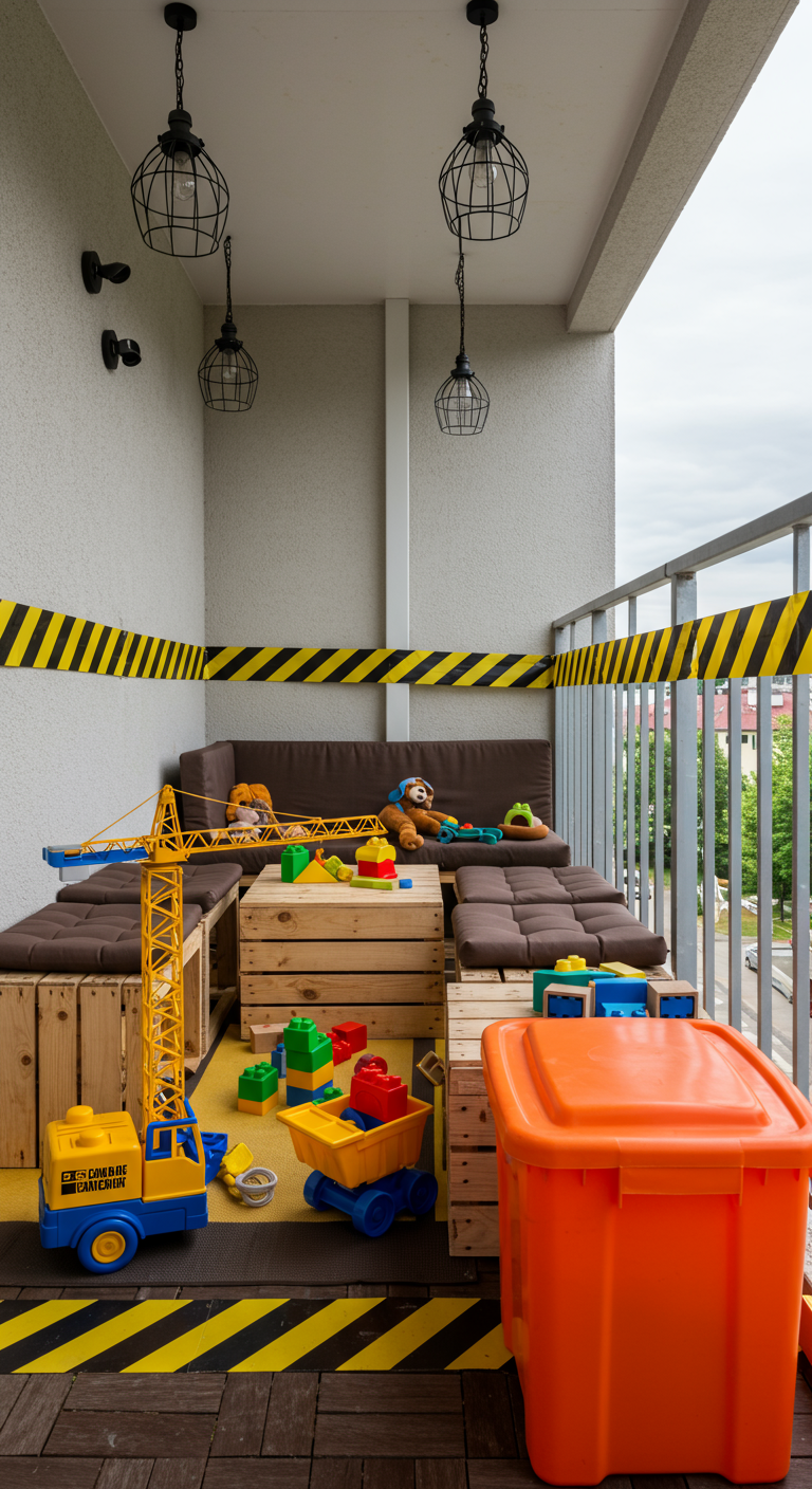 Balkon als Baustelle gestaltet, mit Holzkisten, Spielzeug-Kran und Absperrband.