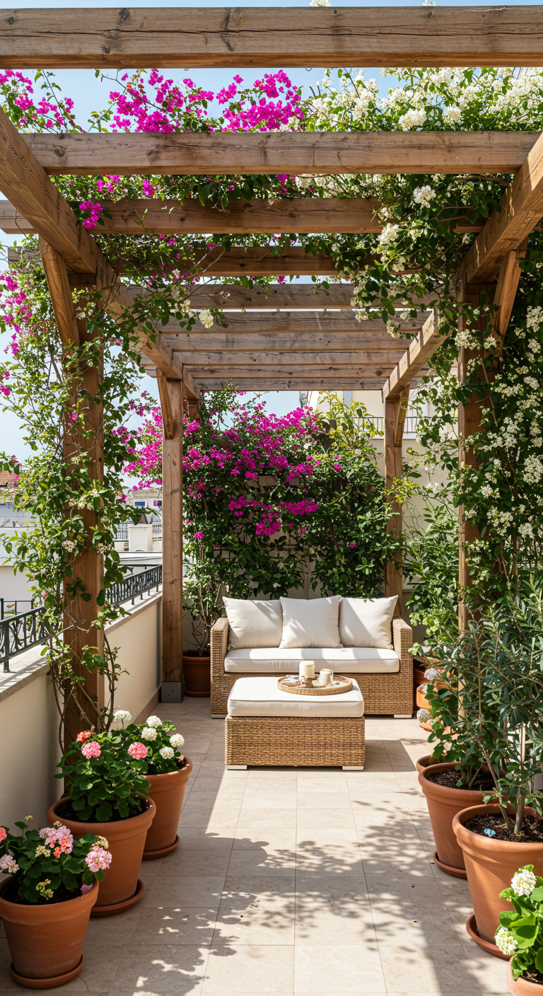 Balkon mit Holzpergola, bewachsen mit pinken und weißen Blüten, Rattan-Sofa und Terrakottatöpfen.