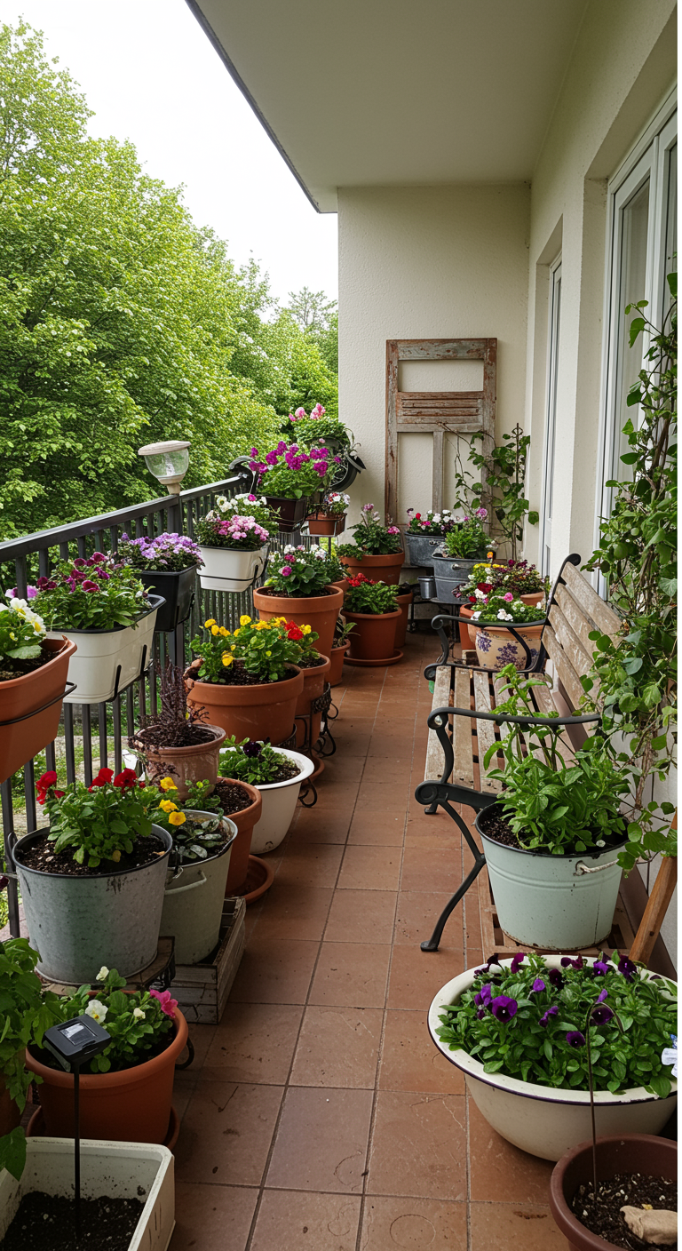 Schmaler Balkon voller Blumentöpfe in Terrakotta und Zink