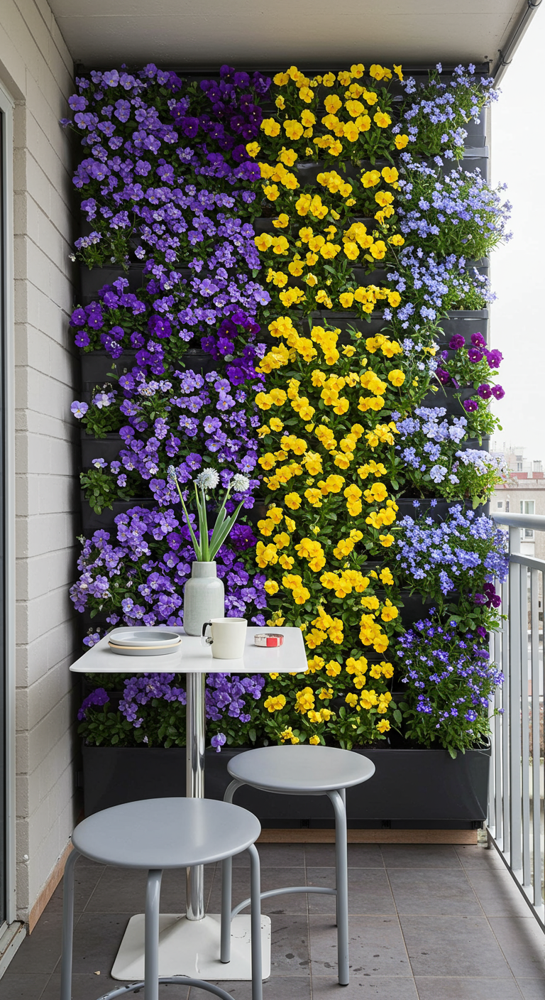 Vertikaler Garten mit bunten Stiefmütterchen an Balkonwand, davor kleiner Tisch.