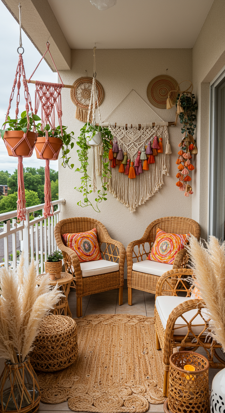 Boho-Balkon mit Korbmöbeln, bunten Kissen, Makramee-Wandbehang und vielen Pflanzen.