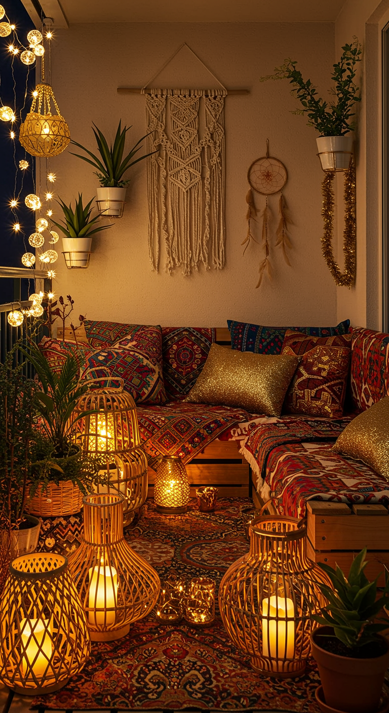 Balkon im Boho-Stil mit vielen Laternen, Kissen und Makramee-Deko.